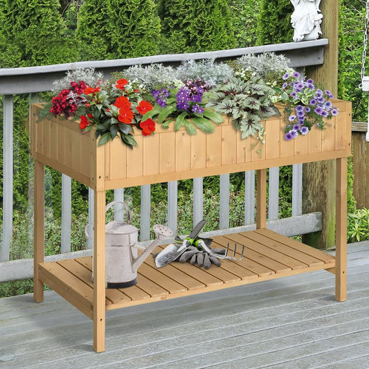 Raised Rectangular Fir Wood Plant Stand with 8 Compartments, Oak Tone