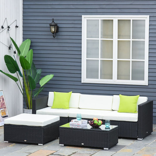 5-Piece Rattan Furniture Set - Wicker Sofa, Glass Tea Table, Cushions & Pillows