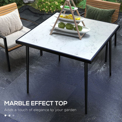 Outsunny Outdoor Dining Table for 4 with Marble Effect Tempered Glass Top White