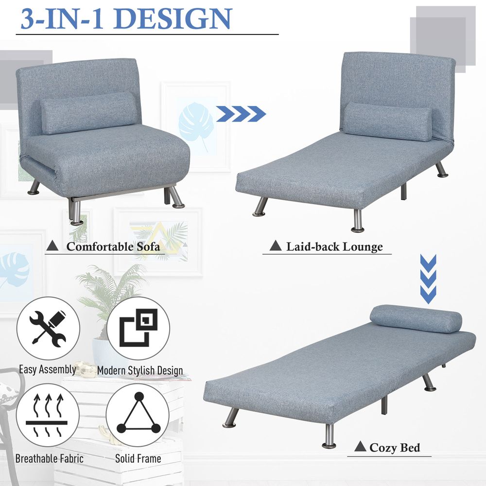 Single Folding 5 Position Convertible Sleeper Chair Sofa Bed Blue