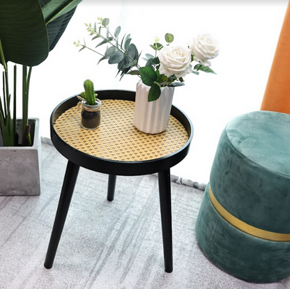 Cane Black Round Side Table, Modern and Chic