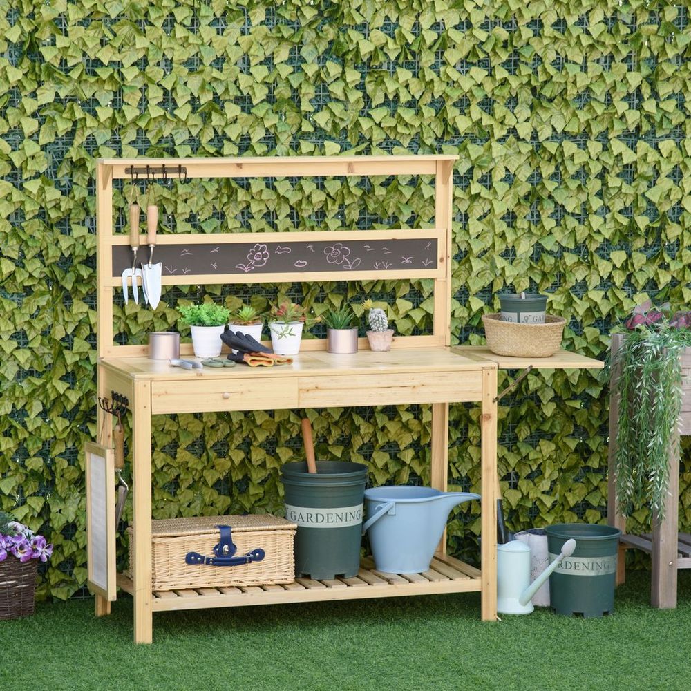 Potting Bench Table Workstation w/ Chalkboard, Sink, Hooks and Drawer