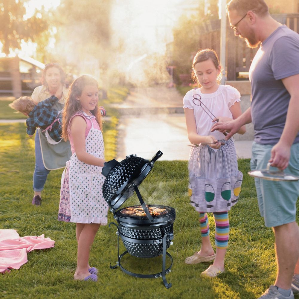 Black Cast Iron Ceramic Kamado Charcoal BBQ Oven, High Performance