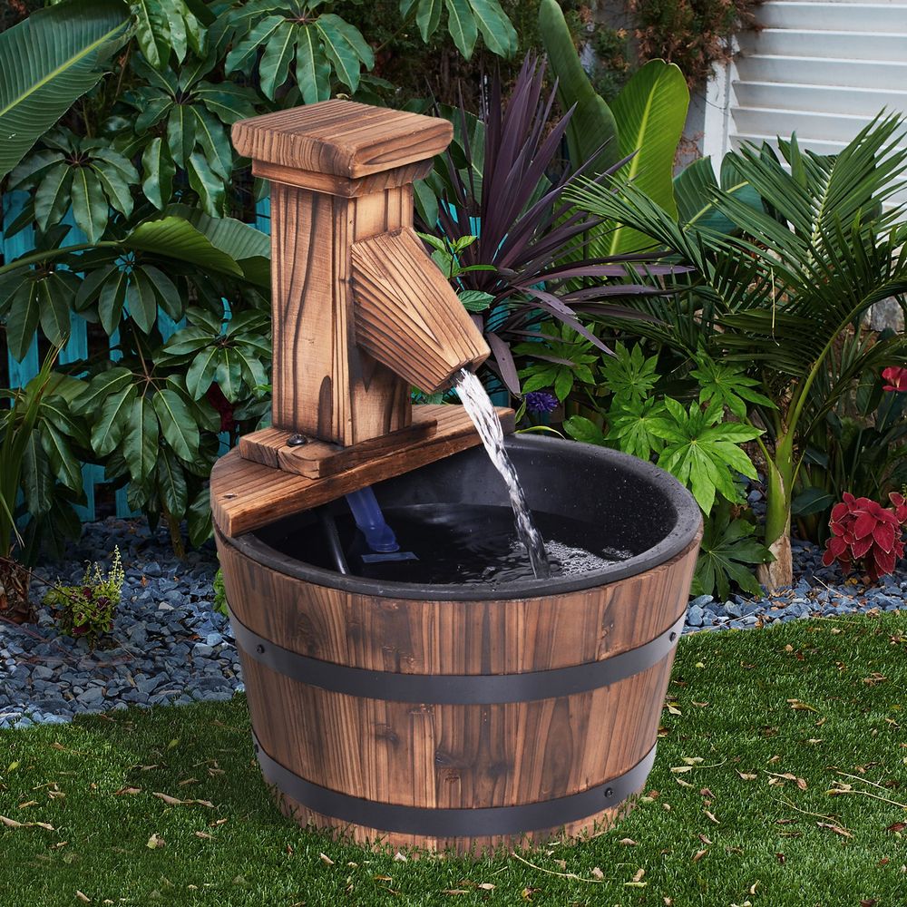 Wood Barrel Water Fountain with Pump: Patio Water Feature, Electric