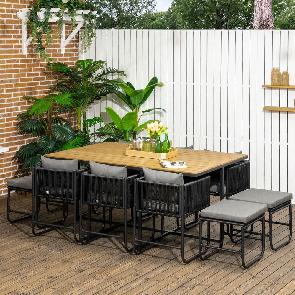11-PC Rattan Dining Set, 10-seater Table & Chair Sets w/ Space-saving Design