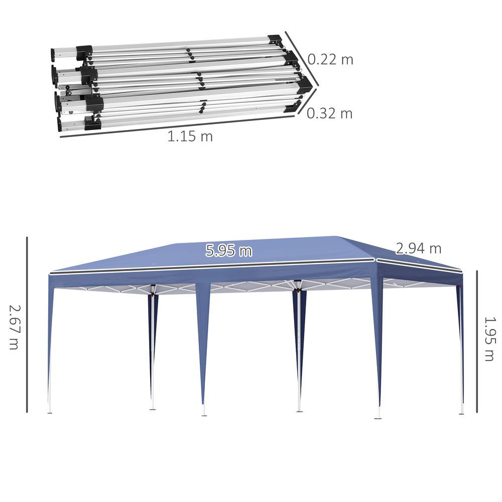 Pop-Up Gazebo with Double Roof and Canopy Tent, 6x3x3m, Blue, Heavy Duty