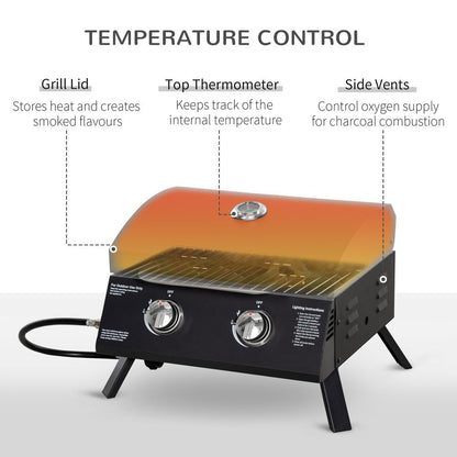 2-Burner Portable Gas BBQ Grill - Folding Tabletop, Black, with Lid and Thermometer