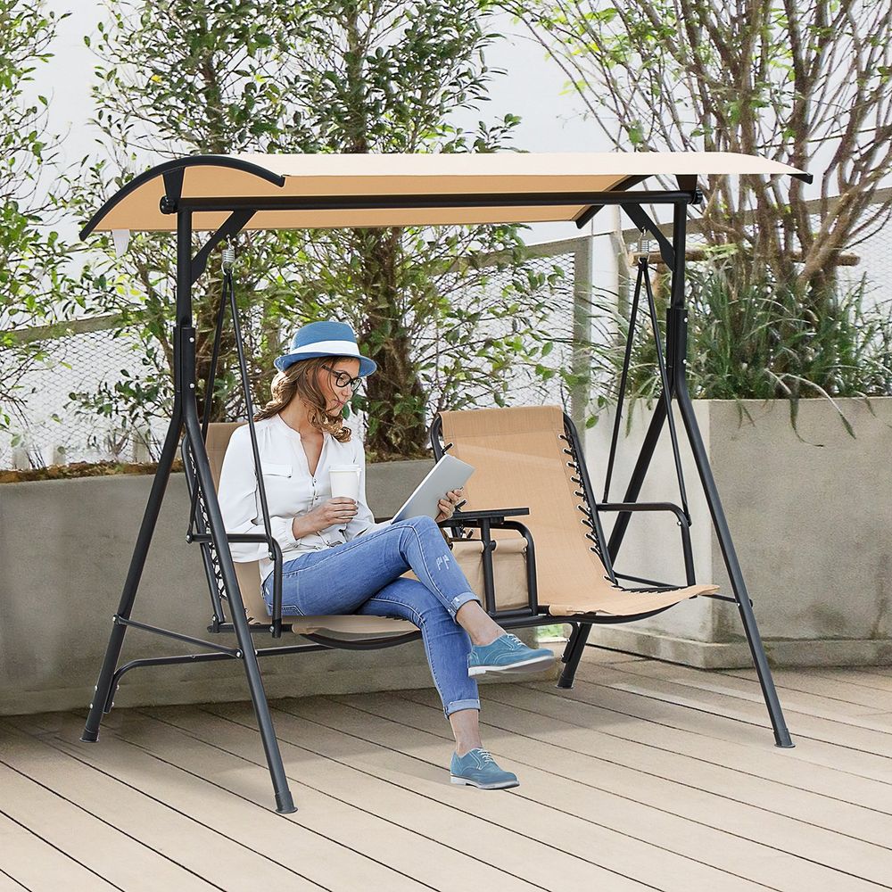 2-Seater Swing Chair with Canopy and Sling Seats, Middle Table and Cup Holders