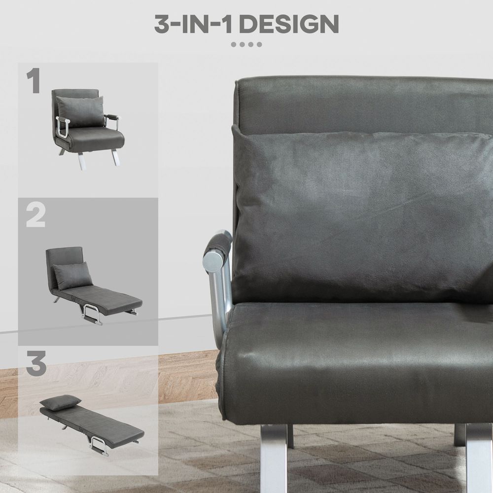 Foldable Portable Sofa Bed Armchair with Pillow, Dark Grey Lounge Sleeper