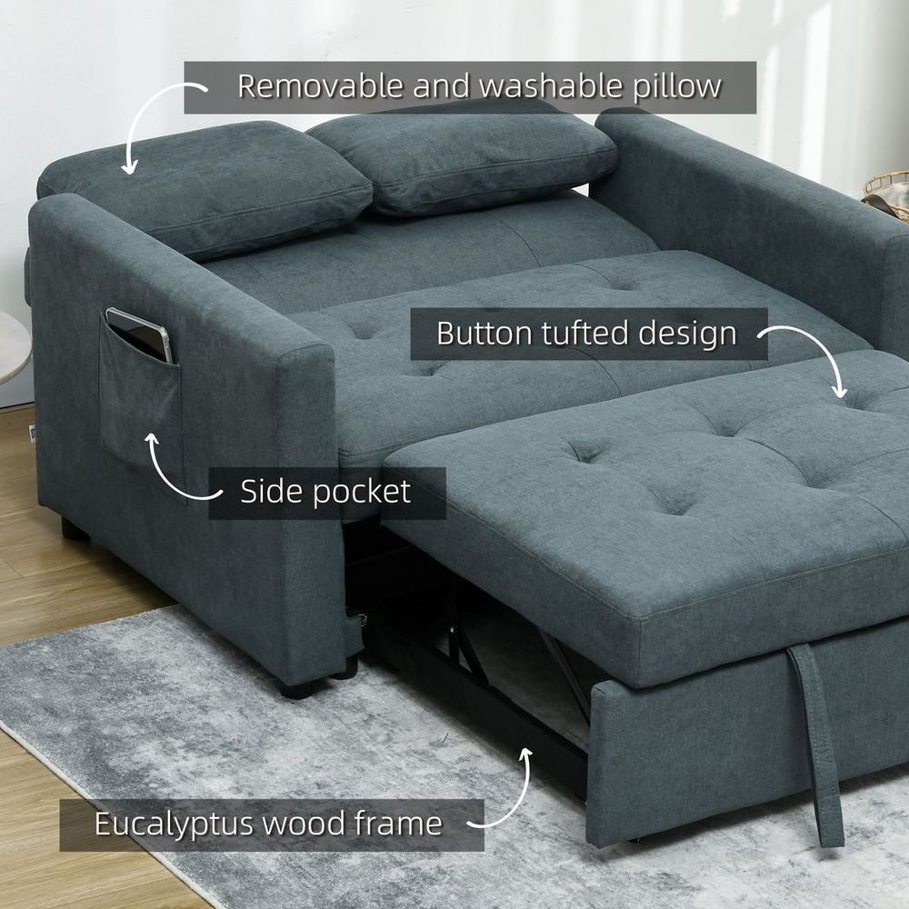 2 Seater Sofa Bed Convertible Bed Settee with Cushions, Pockets, Grey