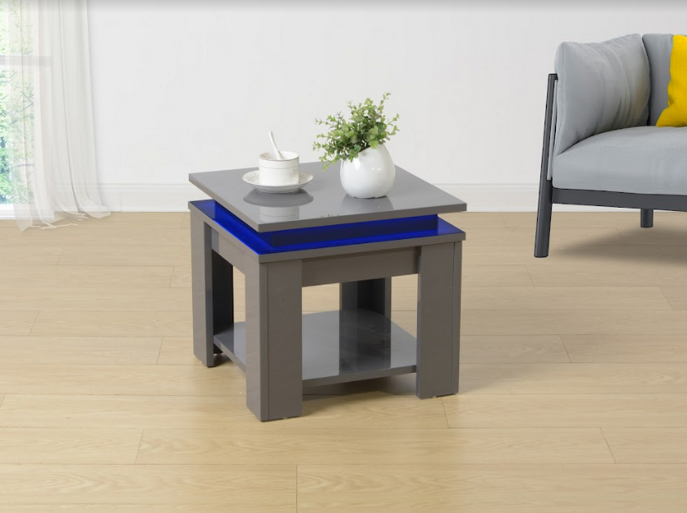 Grey Square Side Table with Blue LED Light, Contemporary Style