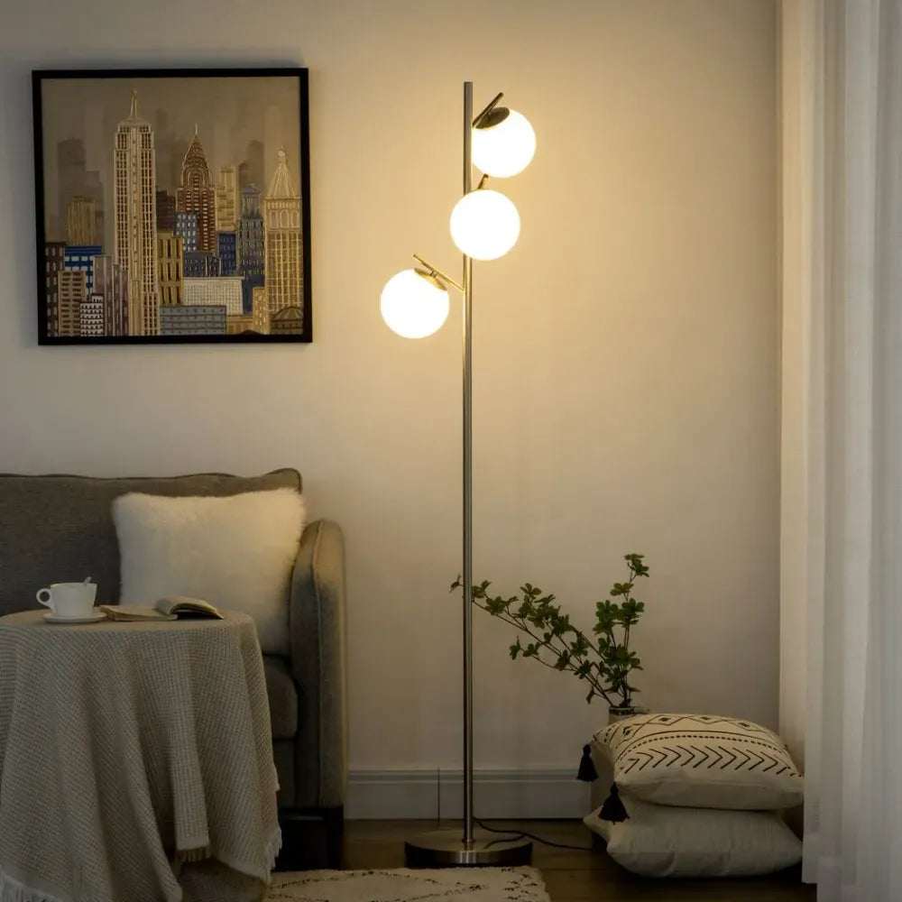 Modern Floor Lamp - 3-Light Tree Standing Lamp for Living Room & Bedroom, Silver