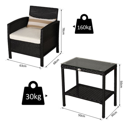 Black 2-Seater PE Rattan Bistro Set: Side Table, Armchair & Pillows