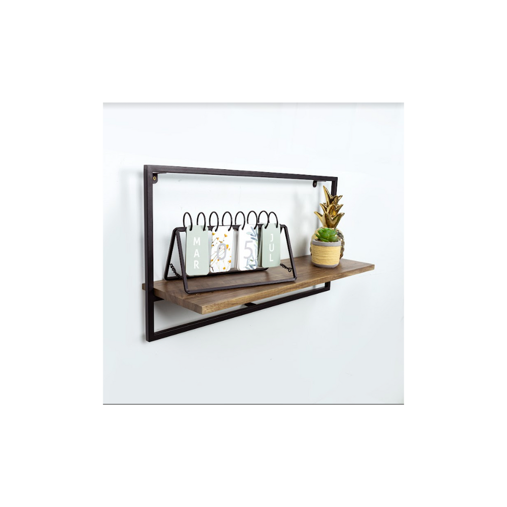 Wide Dark Oak Floating Wall Shelf with Black Metal Frame