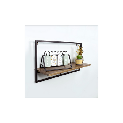 Wide Dark Oak Floating Wall Shelf with Black Metal Frame