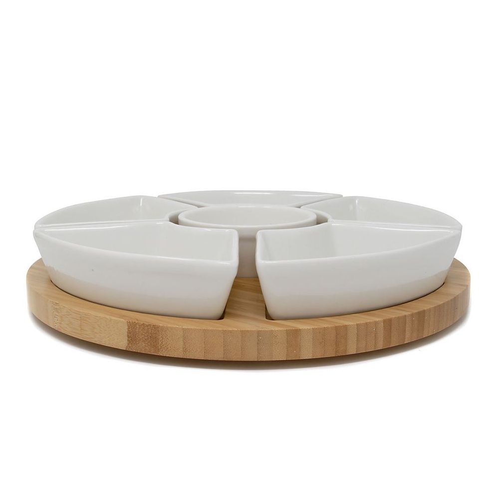 Bamboo Rotating Dip Set with Ceramic Dishes, Perfect for Entertaining