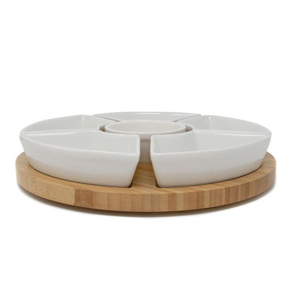 Bamboo Rotating Dip Set with Ceramic Dishes, Perfect for Entertaining