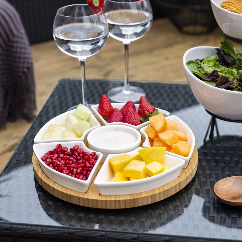 Bamboo Rotating Dip Set with Ceramic Dishes, Perfect for Entertaining