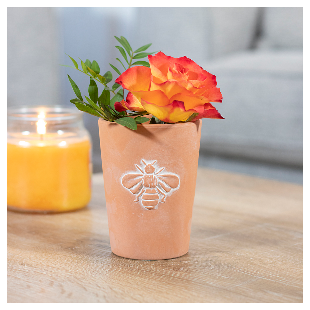 Small Terracotta Plant Pot with Single Bee Motif, Charming Design