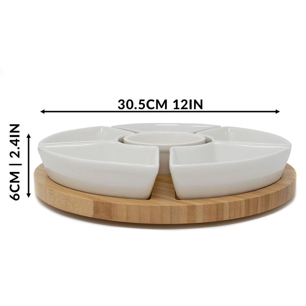 Bamboo Rotating Dip Set with Ceramic Dishes, Perfect for Entertaining