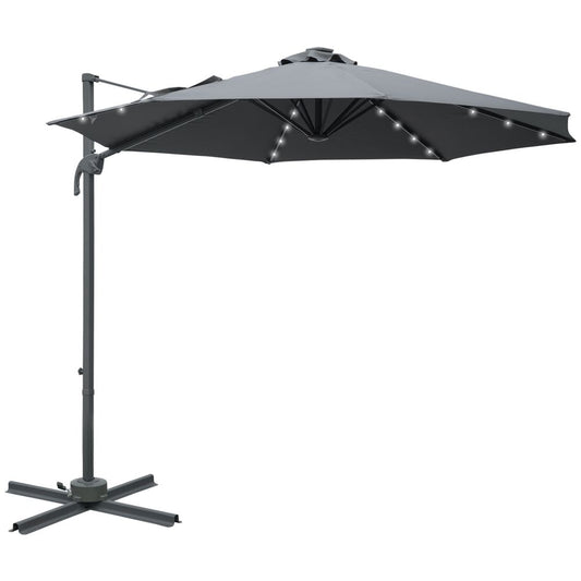 3(m) Cantilever Parasol Patio Umbrella w/ Crank Solar Lights Dark Grey