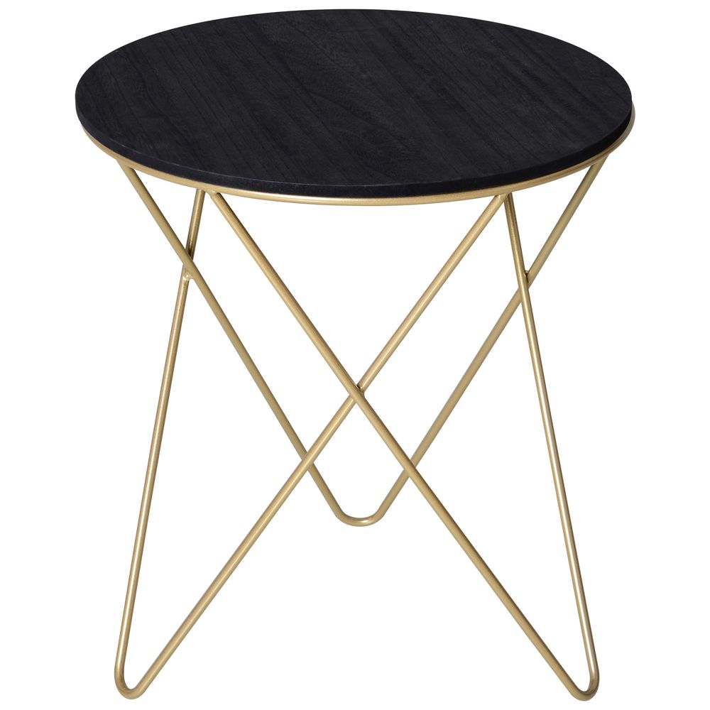 Round Coffee Table – Wood and Metal Sofa End Side Table – Black & Gold