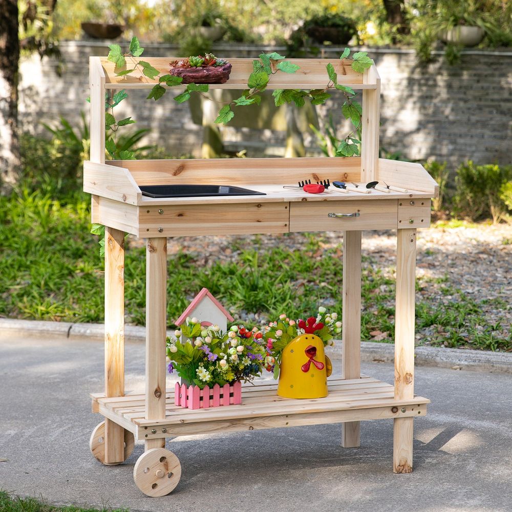 Wooden Bench Work Table - Includes Sink, Drawer, Storage Spaces, with 2 Wheels, 92x45x119cm