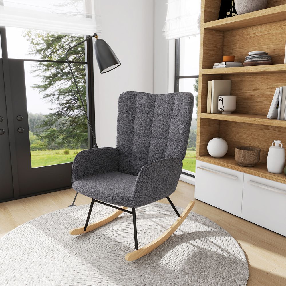 Wingback Rocking Chair for Nursing with Steel Frame and Wooden Base, Grey