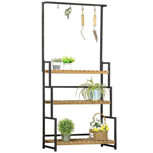 3 Tiered Plant Stand Rack with Hanging Hooks for Indoor Outdoor Decoration