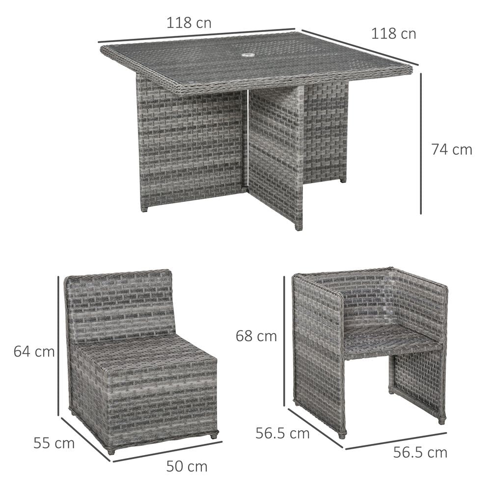 9-Piece Rattan Dining Set - 8-Seater Cube Sofa, Table, and Umbrella, Grey