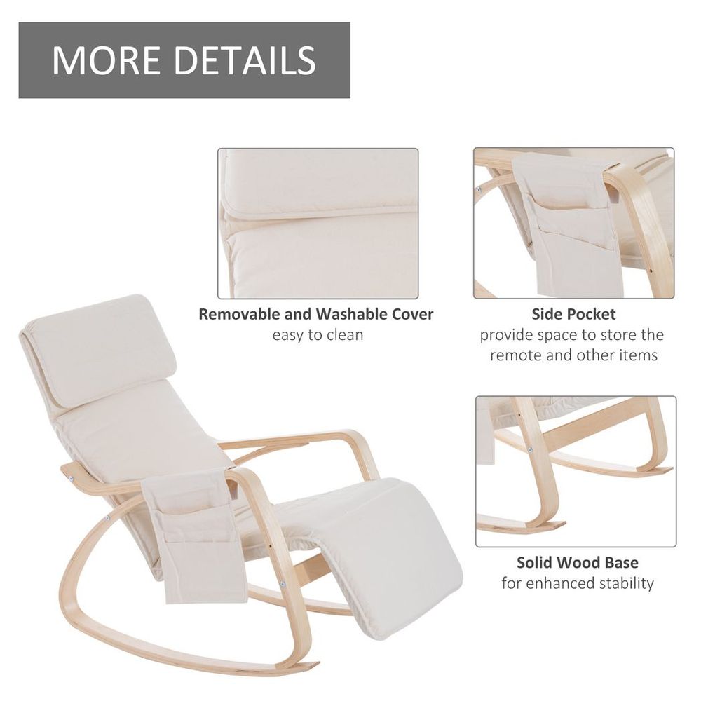 Rocking Recliner Chair with Adjustable Footrest, Cream White Armchair