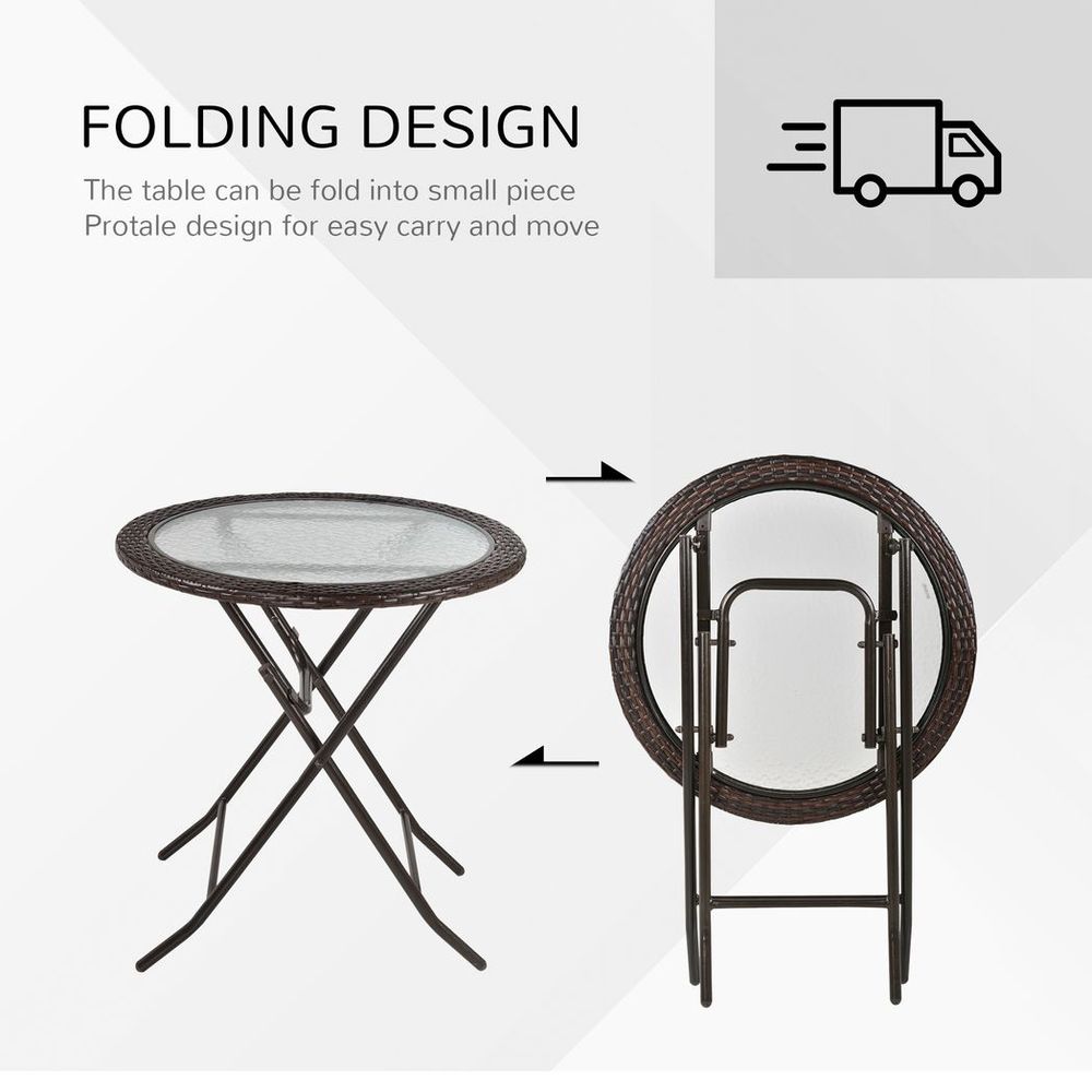 Round Folding Tempered Glass Metal Table with Brown Rattan Edging