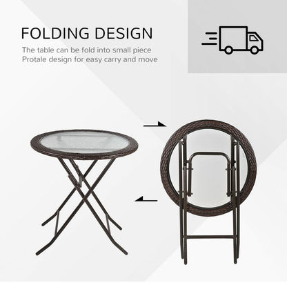 Round Folding Tempered Glass Metal Table with Brown Rattan Edging