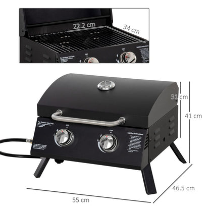 2-Burner Portable Gas BBQ Grill - Folding Tabletop, Black, with Lid and Thermometer