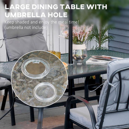 7-Piece Garden Dining Set with Glass Table, Umbrella Hole and Cushions, Black