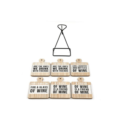 Set of 6 Wine Slogan Coasters with Metal Stand, Fun and Practical