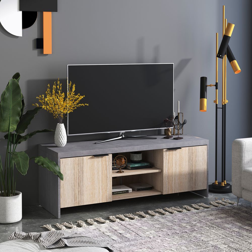 Wooden Grey TV Stand Cabinet with Media Storage Unit for Home