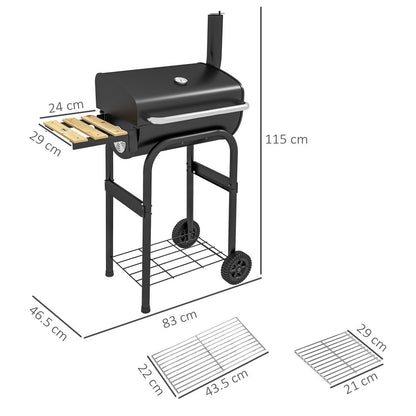 Charcoal BBQ Grill Trolley with Shelves, Lid & Thermometer