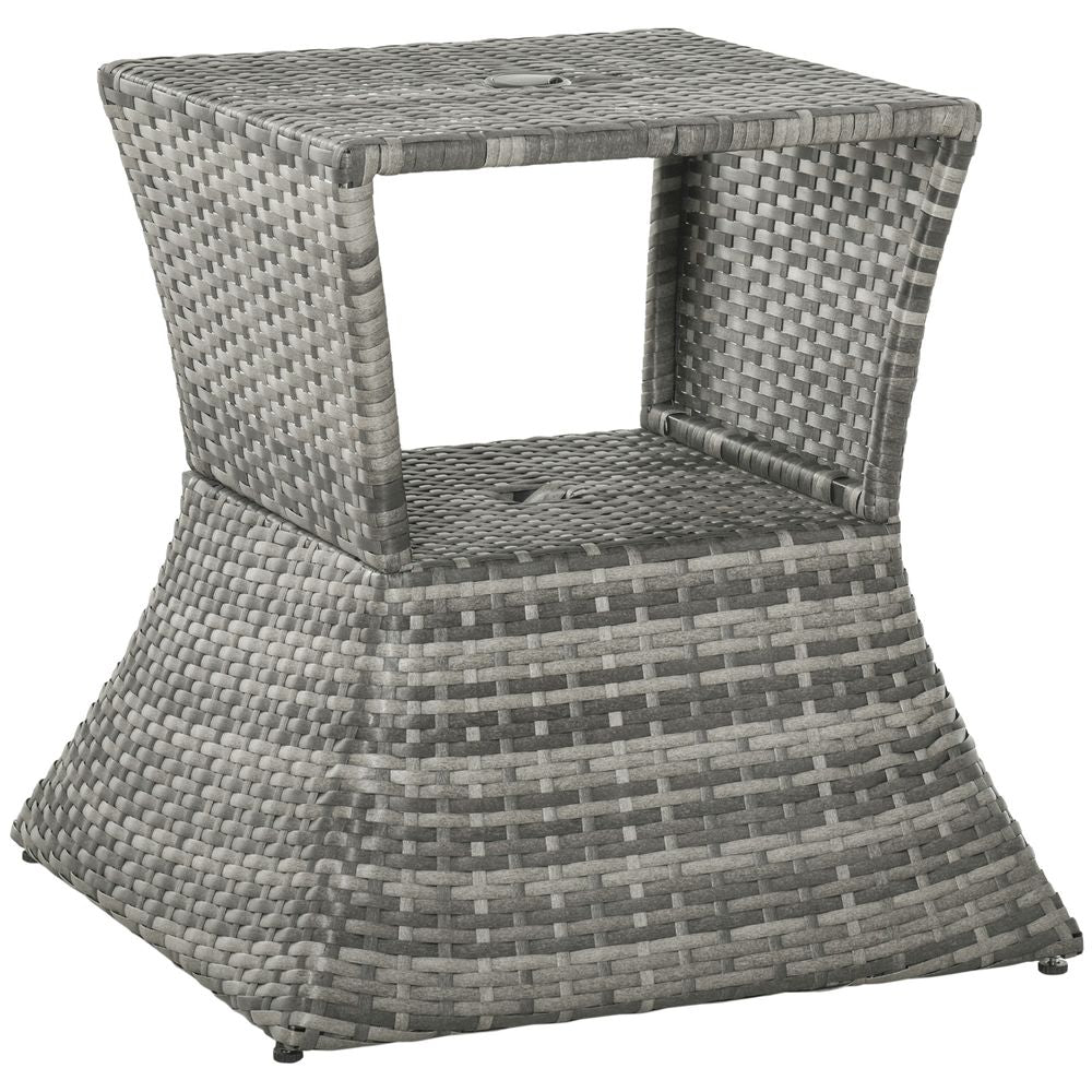 Outsunny Rattan Wicker Tea Coffee Table w/ Umbrella Hole and Storage Space Grey
