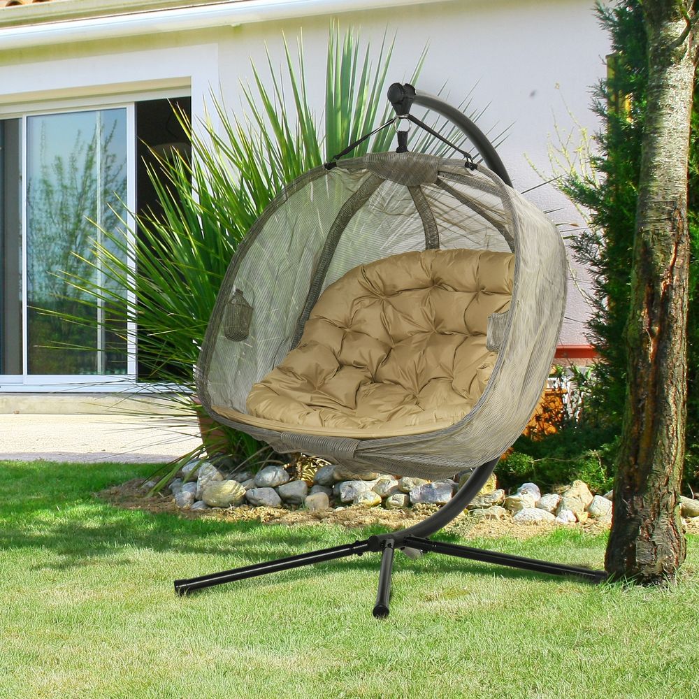 Brown Double Hanging Egg Chair with Cushions for 2-Seater Swing Hammock