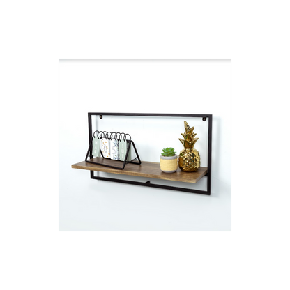 Wide Dark Oak Floating Wall Shelf with Black Metal Frame