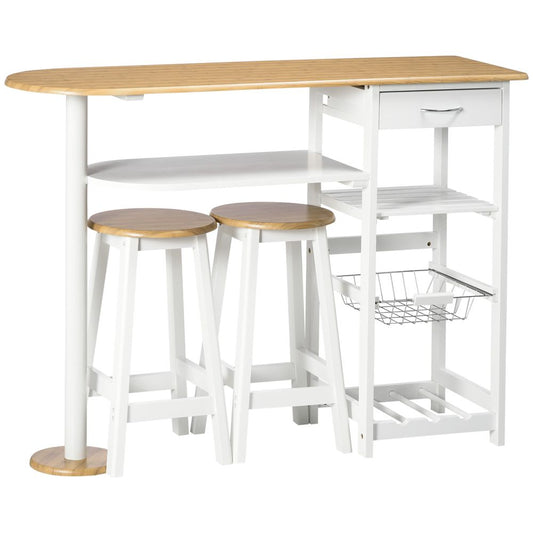 3 Piece Bar Table Set, Breakfast and Stools Wine Rack Natural White