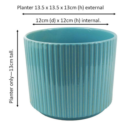 Turquoise Blue Ribbed Ceramic Planter Pot: 13.5 x 13.5 x 13cm