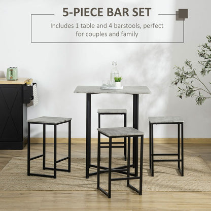 5-Piece Bar Table Set – Square Dining Table for 4 – Concrete Grey