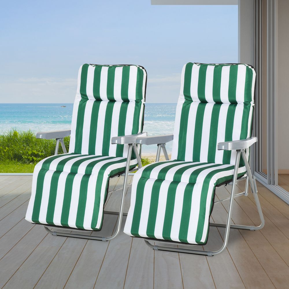 2 Outdoor Sun Recliners - Folding Loungers, Multi-Position Relaxers with Cushions