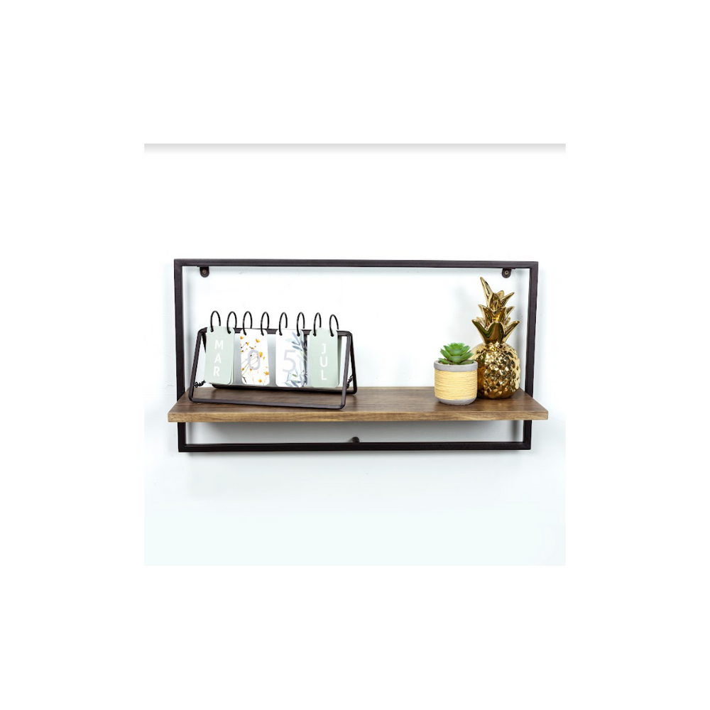 Wide Dark Oak Floating Wall Shelf with Black Metal Frame