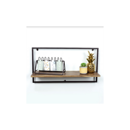 Wide Dark Oak Floating Wall Shelf with Black Metal Frame