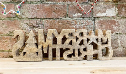 Carved Wooden 'Merry Christmas' Word Ornament, Festive Decoration