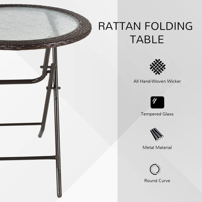 Round Folding Tempered Glass Metal Table with Brown Rattan Edging