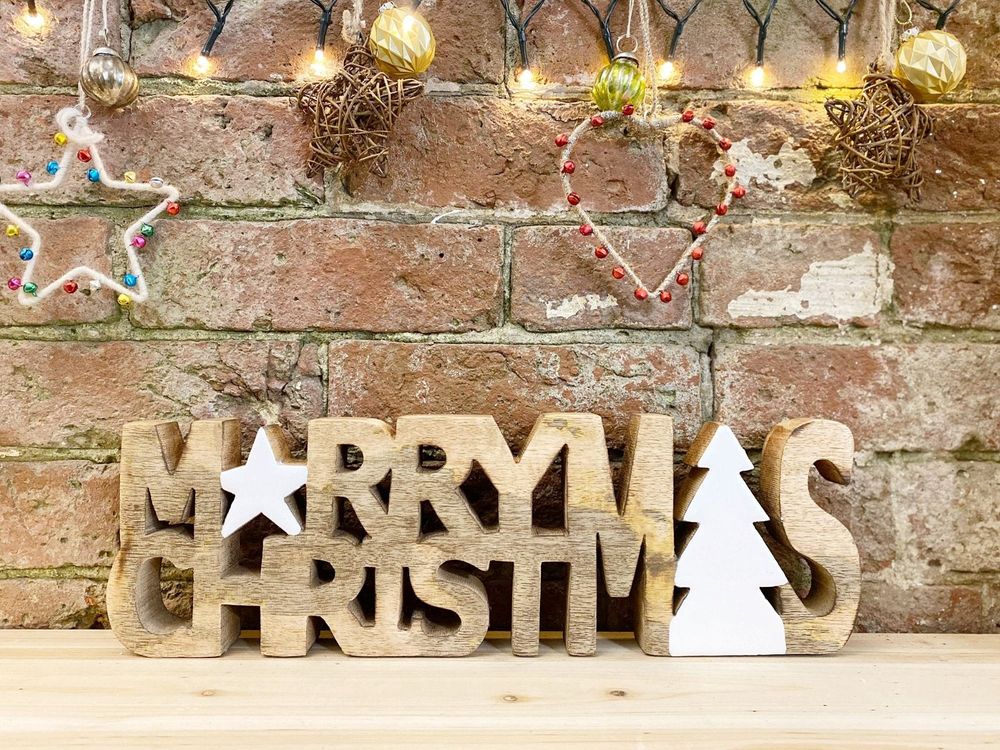 Carved Wooden 'Merry Christmas' Word Ornament, Festive Decoration